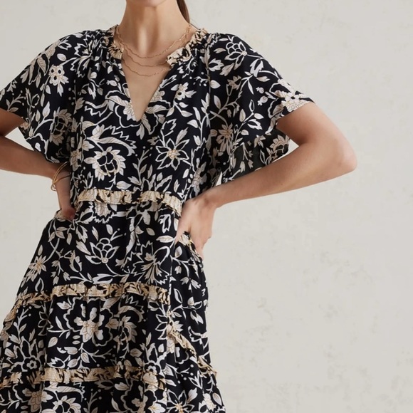 Anthropologie Womens Black Beige Floral Short Sleeve V Neck Mini Dress Small - Picture 1 of 11